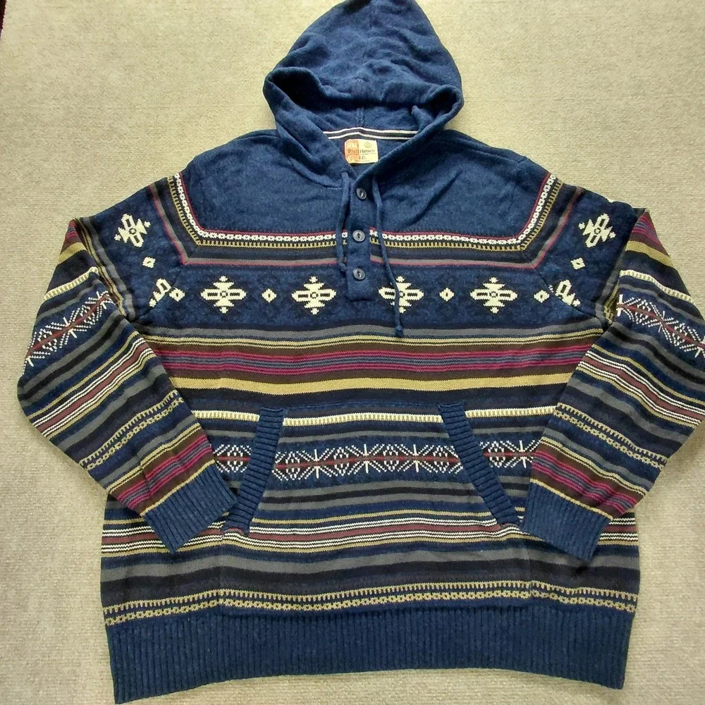 Ruff Hewn Hooded Sweater Fair Isle Knit Men's Size XXL 2XL Knit‎ Pullover Button